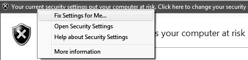 Biztonsági beállítások automatikus felügyelete A biztonsági rendszer összetevői Az Internet Explorer 7 képes detektálni, ha az