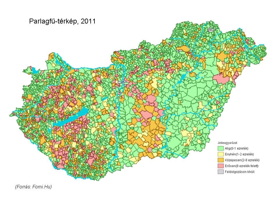 A készített térképek jó hasonlóságot mutattak a kizárólag 2011-ben a FÖMI által műholddal felmért állapothoz Éves parlagfű-összpollenszám,