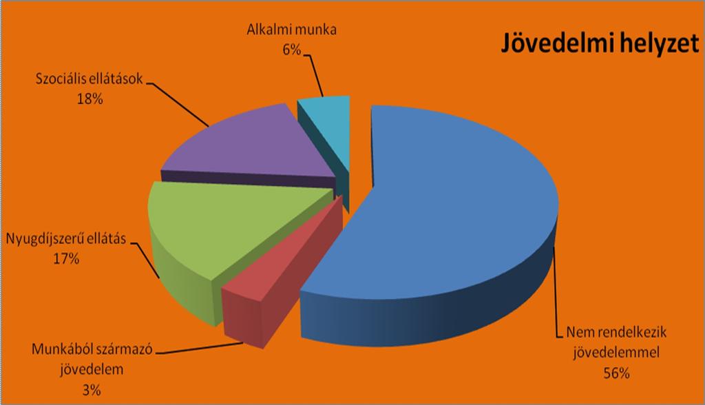 Családi állapot: az ellátottak közül 66 fő (46%) elvált vagy házas, de különél házastársától; közel 40 százalék (57 fő) még nem élt házasságban, 5 százalék (7 fő) házas, 1 százalék (2 fő) élettársi