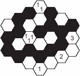 A befeketített mezők sehol sem alkothatnak 2x2-es területet, és számo(ka)t tartalmazó mező nem lehet fekete. 2. Hexa Tapa Feketítsen be néhány mezőt (hatszöget) úgy, hogy azok egy összefüggő területet alkossanak.