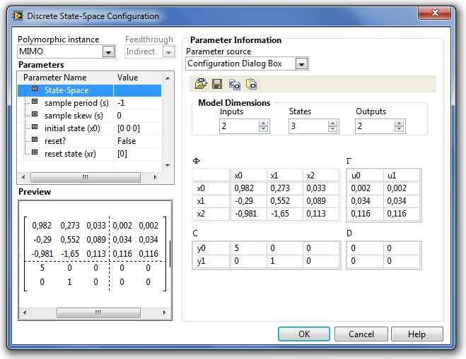 A Parameters (Paraméterek) listában található paraméterek a következő tulajdonságúak: a State-Space (Állapottér) paraméter megadja az állapottér leírás A d, B d, C d és D d mátrixainak méretét és
