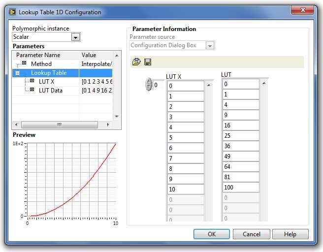 B.51. ábra A Lookup Table 1D (Egydimenziós táblázati függvény) paraméter-beállító ablaka A paraméterek típusát és beállításuk módját a Step Signal Generation (Ugrás függvény) fejezetben részletesen