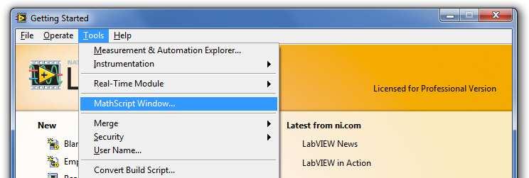 A MathScript-et a LabVIEW indító ablakának (Getting Started) Tools menüjéből a MathScript Window...: menüponttal indíthatjuk el. C.2.
