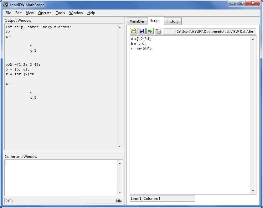 [Mintapélda vége] Mintapélda:.m fájlok használata MathScript blokkban: A LabVIEW MathScript-et arra használjuk, hogy létrehozzunk vele egy.