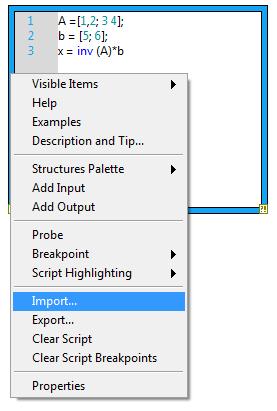 C.29. ábra LabVIEW MathScript fájl létrehozása (első lépés) Ha a MathScript blokk keretén a jobb oldali egérbillentyűvel