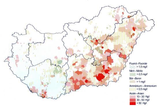 Az ivóvíz minősége Az ivóvíz minősége természetes eredetű As-tartalom: Alföld, Dél-Baranya, Dél- Somogy nitrogén-vegyületek: Alföld, Baranya,