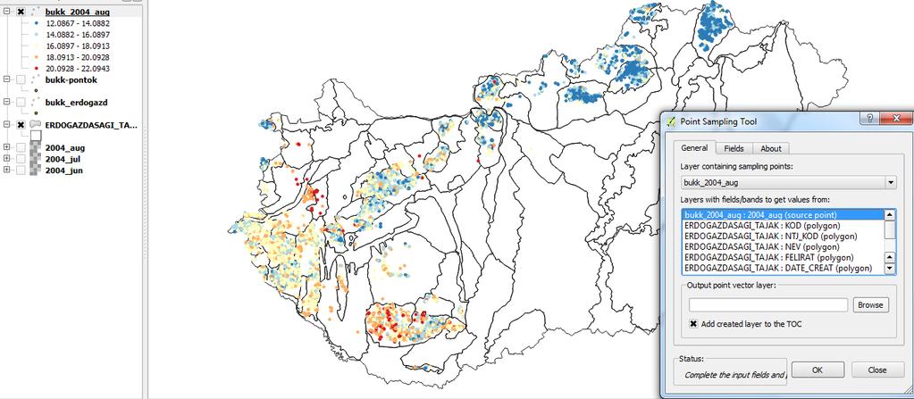 bükkös erdőrészletek (pontok) havi középhőmérsékletének lekérése Poligon lekérdező alkalmazás: