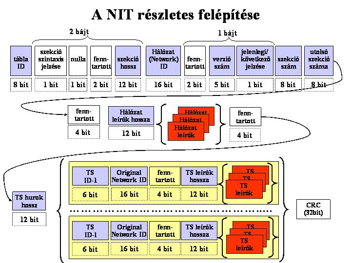 NIT (Network Information Table) A NIT a hálózat által szállított TS adatfolyamok fizikai felépítésével kapcsolatos információkat tartalmazza, és adatokat hordoz a hálózatra vonatkozóan is Az