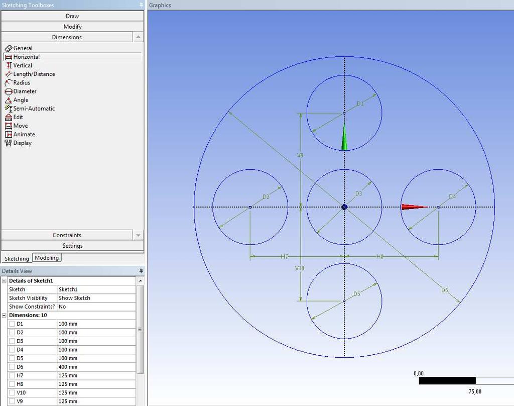 A Sketching fül alatt, a Draw eszköztárban a Circle paranccsal rajzoljuk meg a 6 db kört.