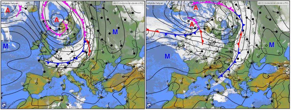 29. ábra: A 2017. 10. 03. 09:10 UTC futtatás 180 perces áthelyezett és a 12:10 UTC felhő kép, forrás: OMSZ HAWK rendszer A 29.