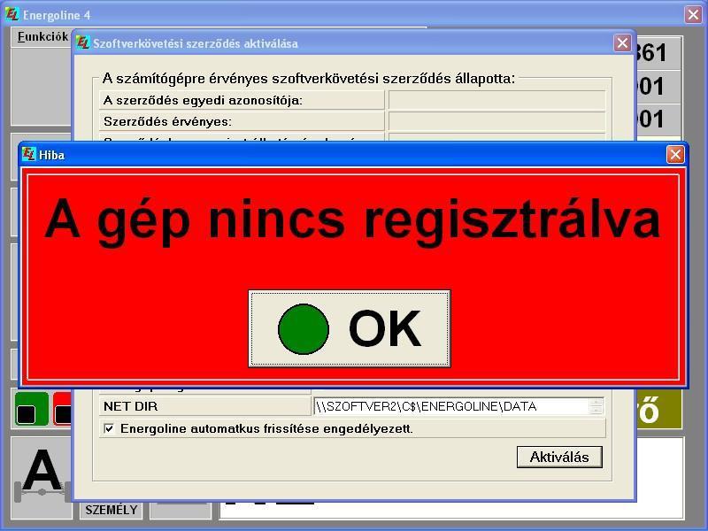 A menüpontot először kiválasztva mindenképpen hibaüzenet jelenik meg, mert egy nem aktivált gép SW-követési adatait akarja megjeleníteni a program A hibaüzeneten az OK gombra