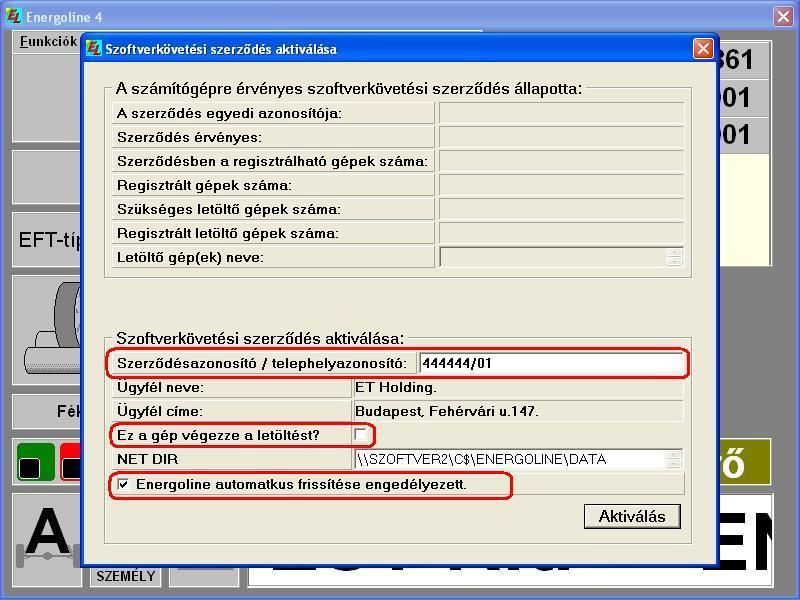 (Ezeket minden Energoline-os munkaállomáson el kell végezni) A szerződésazonosító / telephely azonosító mezőben ki kell tölteni a szoftverkövetési szerződés azonosítóját és a