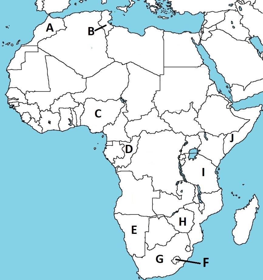 III. FELADAT (20 pont) Tanulmányozd Afrika politikai térképet és válaszolj a kérdésekre! Válaszaidat írd át az Értékelő lap -ra is! III.1. Írd a betű mellé a megfelelő ország nevét! a. B (41) b.