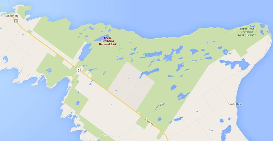 Rezervátumának (Niagara Escarpment World Biosphere Reserve) része (HTTP6). 4. ábra A Bruce Peninsula Nemzeti Park elhelyezkedése Tobermory-tól keletre (Kanada) (Forrás: Google Maps) Figure 4.