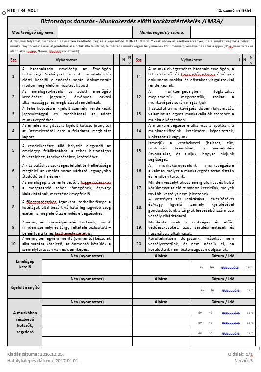 Új mellékletek Új melléklet került kialakításra: Biztonságos daruzás Munkakezdés előtti kockázatértékelés /LMRA/ Amennyiben Vállalkozó daruzási folyamatot végez, akkor a kockázatértékelést a