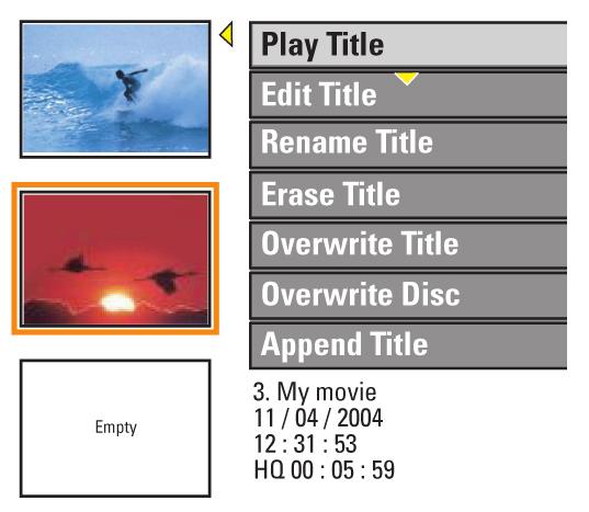Felvételek szerkesztése írható DVD DVD-címek szerkesztése Felvett DVD lemezek esetében megváltoztathatja a címben található egyedi információt, vagy törölhet egy címet (felvételt).