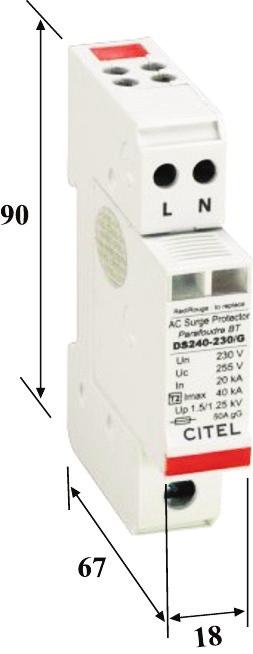 DS 240S-230 Alelosztók védelme C osztályú levezetõ ( 2 típus ) A 2 pólusú DS 240S-230 túlfeszültséglevezetõ megakadályozza, hogy a túlfeszültségzavarok az áramellátó vezetékeken kereszül az