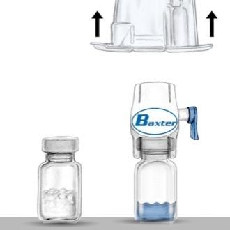 Ne vegye le a BAXJET II készülék kék zárókupakját. 7. Feloldás céljából csak az injekcióhoz való sterilizált víz és a csomagolásban található feloldásra szánt eszköz használható.