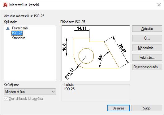 34 A MÉRETEZÉS STÍLUSA Aktuális méretstílus mezőben látszik az érvényes stílusbeállítás, az innen kiválasztott stílust az Aktuális gombbal tesszük aktuálissá. 6.