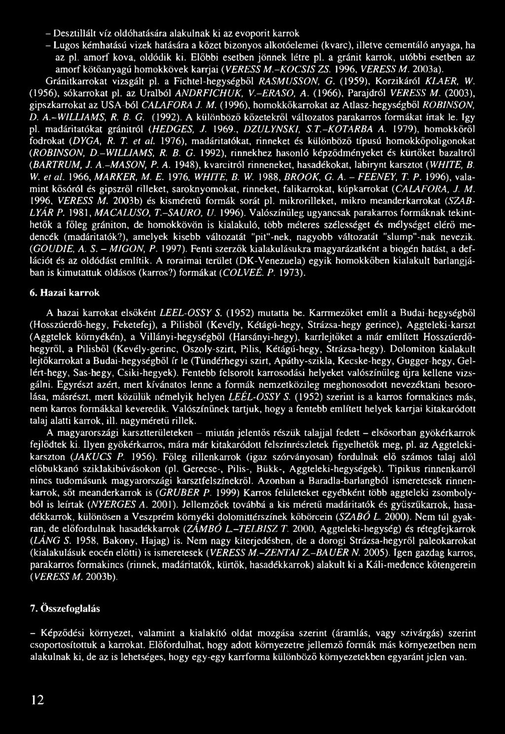 a Fichtel-hegységből RASMUSSON, G. (1959), Korzikáról KLAER, W. (1956), sókarrokat pl. az Uraiból ANDRFICHUK, V.-ERASO, A. (1966), Parajdról VERESS M.