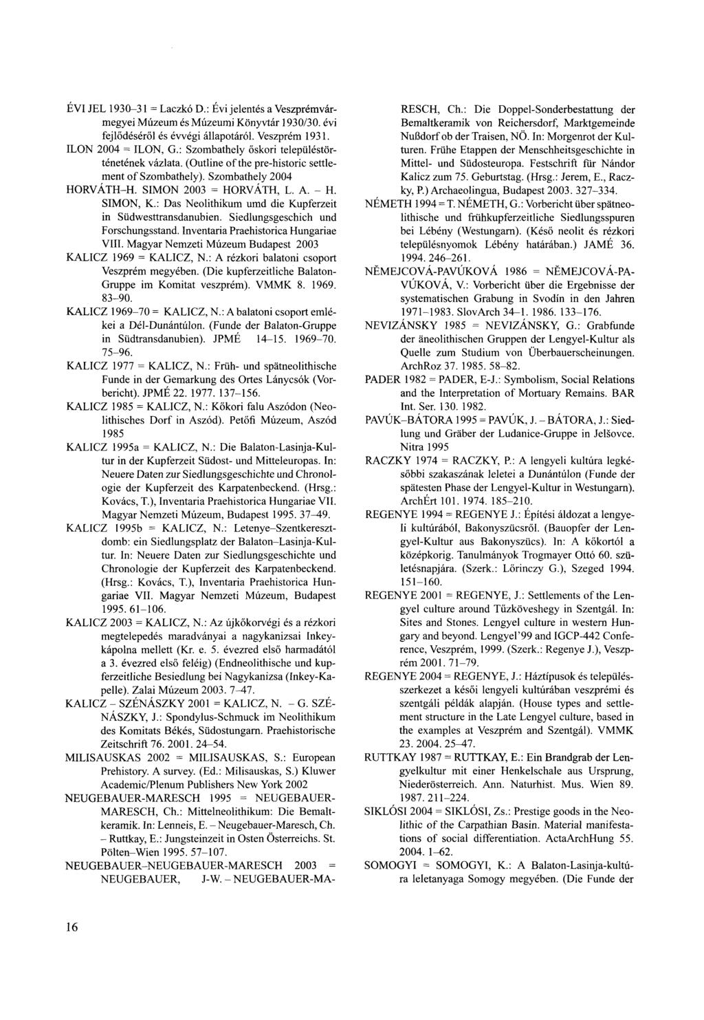 ÉVI JEL 1930-31 = Laczkó D.: Évi jelentés a Veszprémvármegyei Múzeum és Múzeumi Könyvtár 1930/30. évi fejlődéséről és évvégi állapotáról. Veszprém 1931. ILON 2004 = ILON, G.