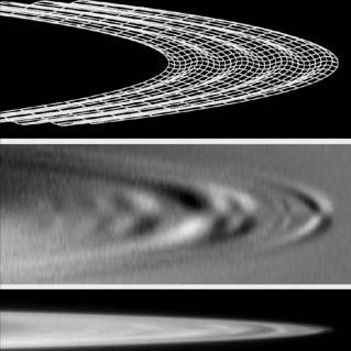 A kiemelkedések közel 1,5 km magasak a gyûrû síkjához képest, ami 150-szerese a gyûrû vastagságának (NASA, JPL, SSI). A Galileo-ûrszonda 1996.