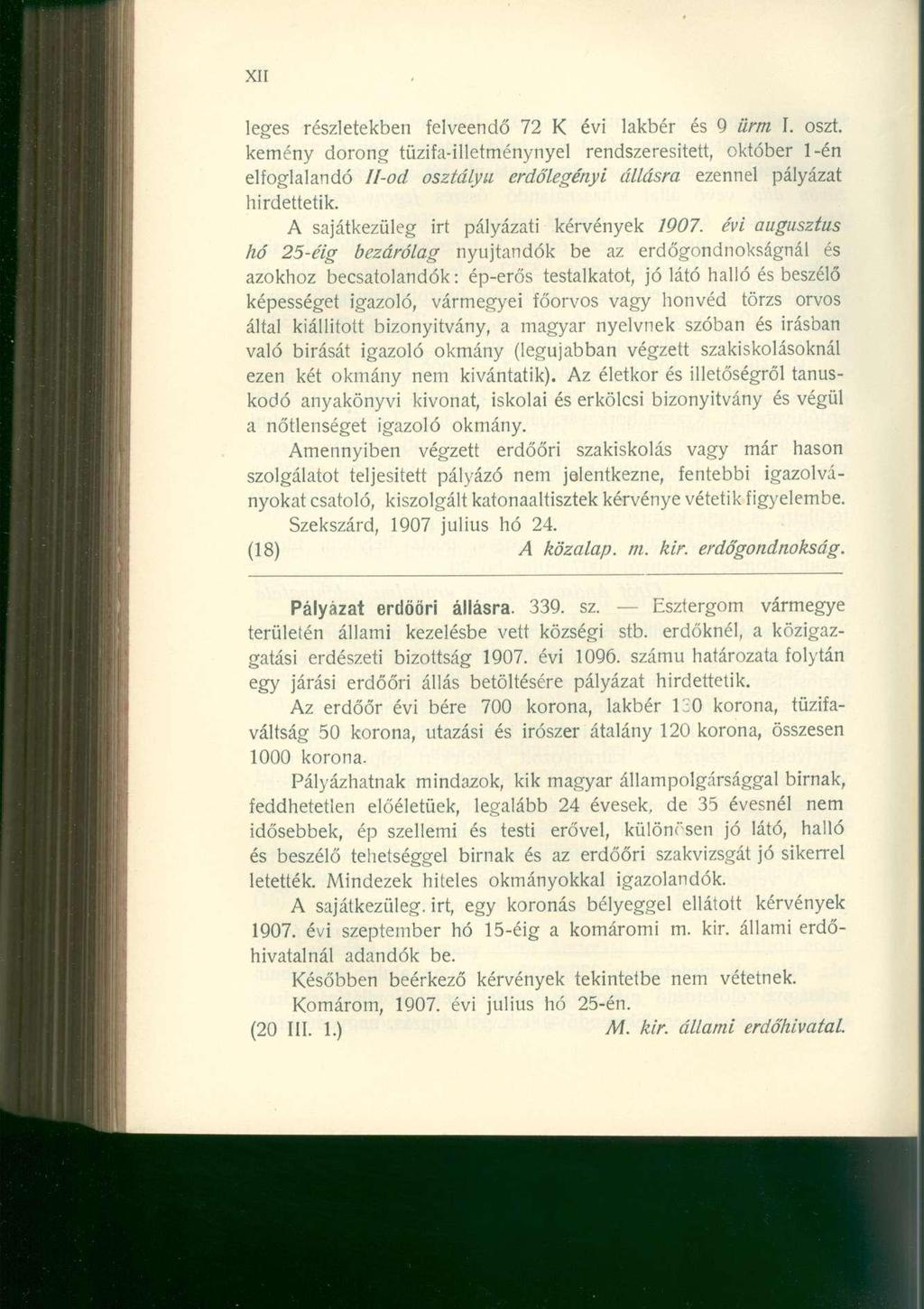 XII leges részletekben felveendő 72 K évi lakbér és 9 ürm I. oszt.