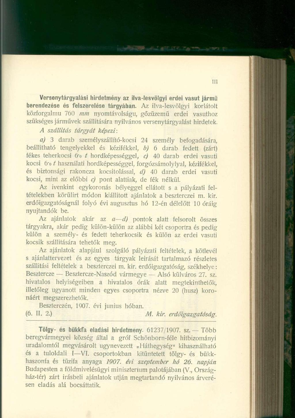 III Versenytárgyalási hirdetmény az ilva-lesvölgyi erdei vasút jármű berendezése és felszerelése tárgyában.