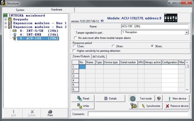 SATEL ACU-270 7 DLOADX programban: INTEGRA / INTEGRA Plus a Szerkezet ablak Hardver fülén az eszközök listájában a vezérlő nevére történő kattintást követően (5.