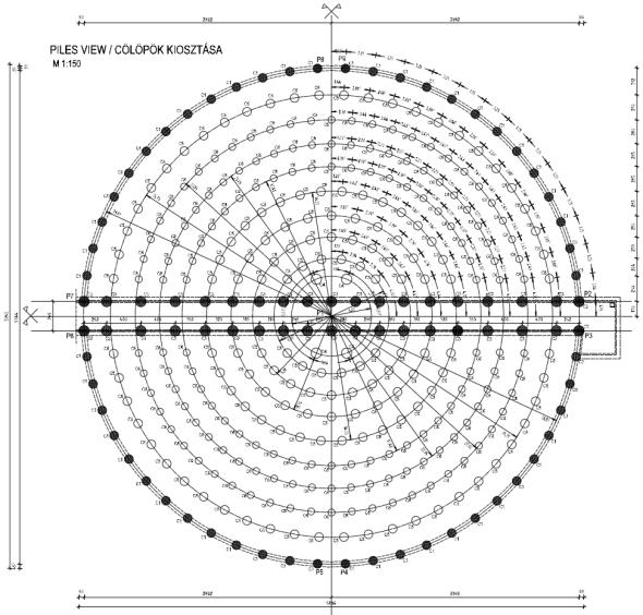 3. ábra: Rigid inclusion elemek és cölöpök elhelyezkedése ALTALAJVISZONYOK Az építési területen 2 darab 50 m mélységű fúrást készítettek 180 mm átmérőjű spirálfúrással, valamint további 3 darab