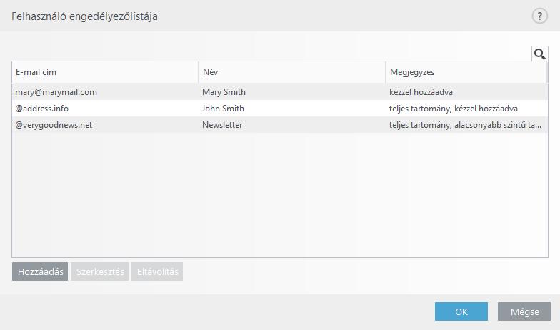 Az ESET Endpoint Security alapértelmezés szerint a támogatott levelezőprogramok névjegyalbumában szereplő összes címet hozzáadja az engedélyezőlistához. A tiltólista alapértelmezés szerint üres.