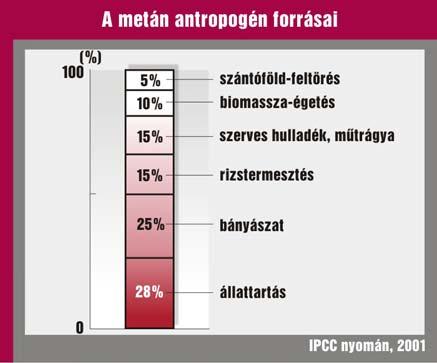 Metán (12-20%) 20%) (mt/év) mocsarak termeszek óceán édesvíz légkör (100-200) (10-50) (5-20) (1-25) antropogén tevékenység (215-550) 550) légköri növekedés: 28-37 mt/év CH 4 >> CO 2 (7,5)!