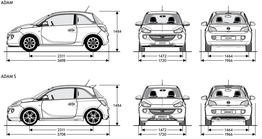 Műszaki adatok 3 Karosszéria ADAM ADAM Csomagtartó méretek (ECIE/GM)(mm) ADAM ADAM Magasság (mm) 1484 1484 Hossz előrehajtott hátsó üléssel 1041 1041 Hosszúság (mm) 3698 3708 Hossz hátsó ülésig 462