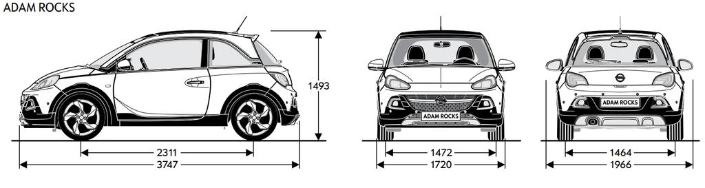 Műszaki adatok 3 Karosszéria ADAM ROCK ADAM ROCK Csomagtartó méretek (ECIE/GM)(mm) ADAM ROCK Magasság (mm) 1493 1484 Hossz előrehajtott hátsó üléssel 1041 Hosszúság (mm) 3747 3747 Hossz