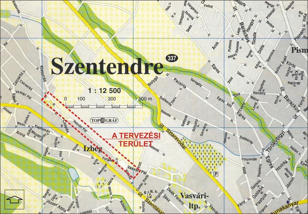1. Előzmények, helyszíni viszonyok: A címben jelzett utca a település izbégi körzetében, a Szentlászlói út közelében található, amint azt alábbi, M=1:12.500 m.a.-ú átnézeti helyszínrajzunk is mutatja.