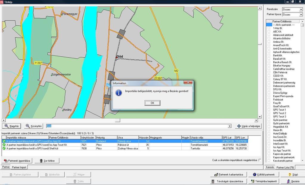 Az OK gombra kattintva megnyílik a Térkép, és a program elvégzi a az új partnerek importálását.