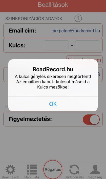 Tájékoztató üzenet jelenik meg arról, hogy a szinkronizációs kulcsot az automata rendszer elküldte a megadott email címre.