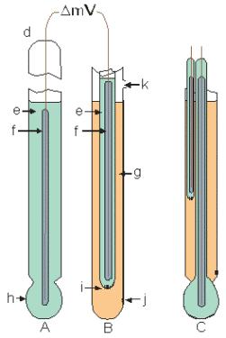 A ph szenzor (H-elektród) B referencia fél-cella C kombinált ph elektród (A + B) d - tömítés e belső puffer oldat f belső