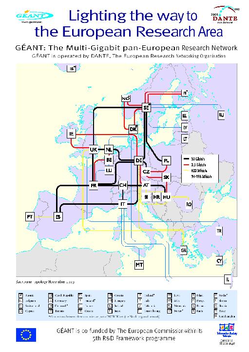 Eredmények 2003 GEANT hálózat Sikeres EU projekt Európa megelőzte Amerikát 33 ország 3500 tudományos, felsőoktatási