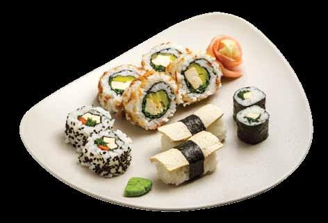 180 Ft Tofu Mania (8 maki 2 nigiri) 4 Tofu tekercs, 2 spenót, füstölt tofu maki, 2 füstölt tofu, paprika, snidling maki, 1 füstölt tofu nigiri, 1 tofu nigiri.