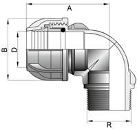 Mûanyag szorítógyûrûs csatlakozók 90 -os könyök, külsômenetes PWA NÁ Csô külsô Ø [ mm ] x menetcsatlakozó Cikkszám Cs.