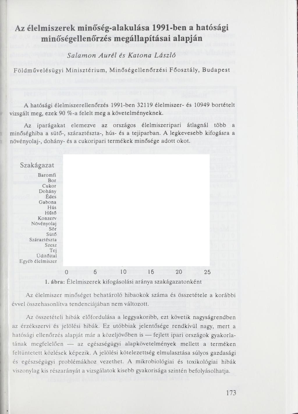 Az élelmiszerek minőség-alakulása 1991-ben a hatósági minőségellenőrzés megállapításai alapján S alam on A u rél és K aton a L ászló F ö ld m ű v e lé s ü g y i M in is z t é r iu m, M i n ő s é g e