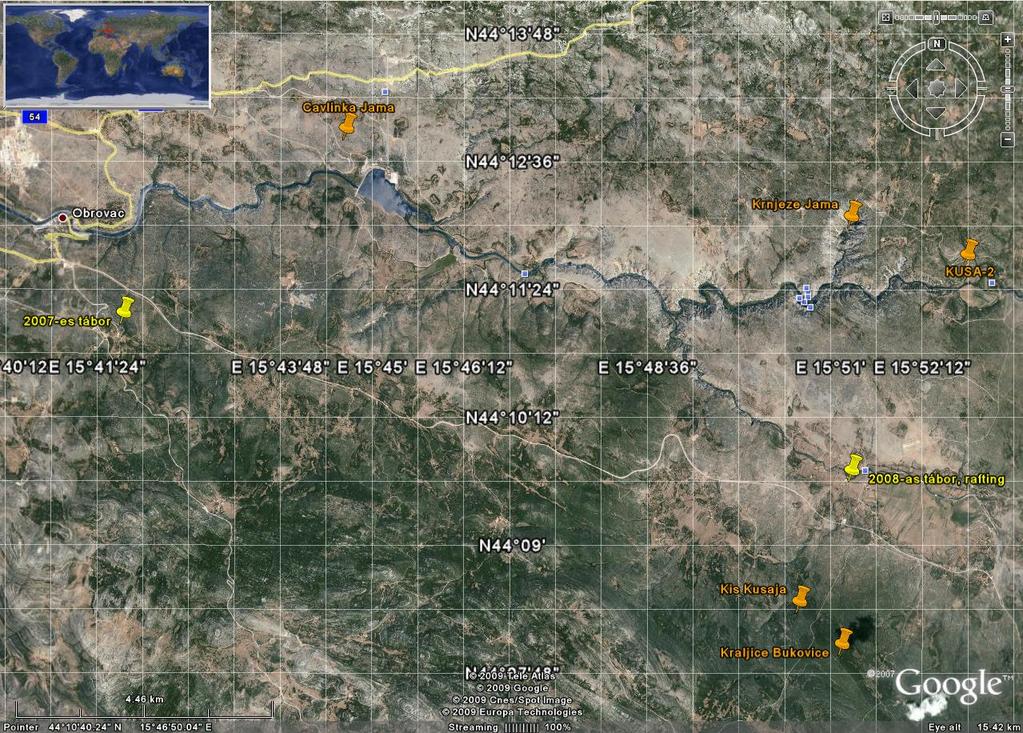 2. térkép: A kutatási terület Július 27. 10 fő részvételével A Kusa-2 barlangot (WGS-84 44 o 11 37,07 N; 15 o 52 45,14 E) jártuk be. A bejárathoz vezető letörésnél egy 15 m-es kötélbiztosítás nem árt.