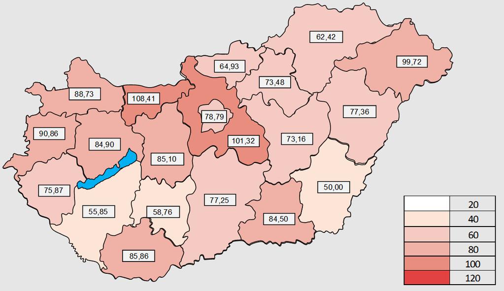 év végi mutatókat összehasonlítva, országosan itt is mérséklődés következett be (világosabb színű térkép), illetve sokkal kiegyenlítettebb volt a helyzet 2016 végén (hasonló színárnyalatok).