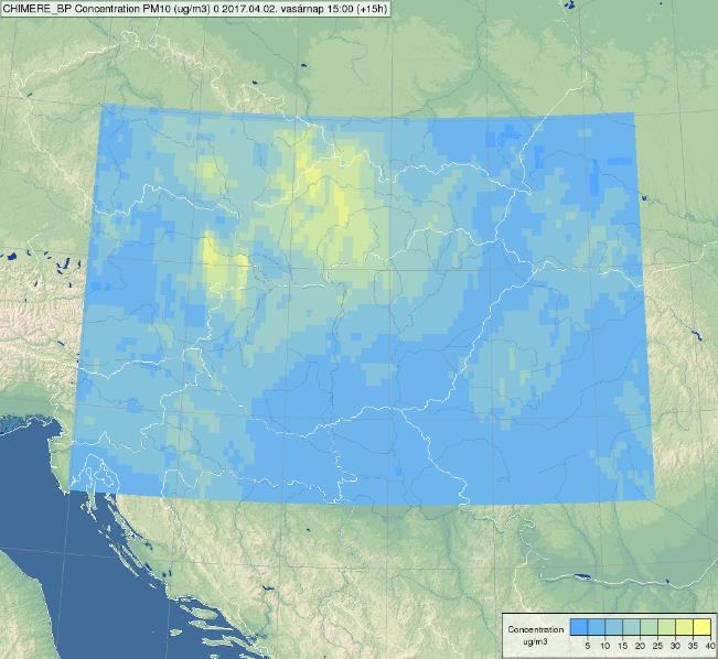 Rácspontok száma: 111x51 Térbeli felbontás: közel 10x10km Vizsgált szennyezők: NO 2, O 3, PM 10, PM 2.