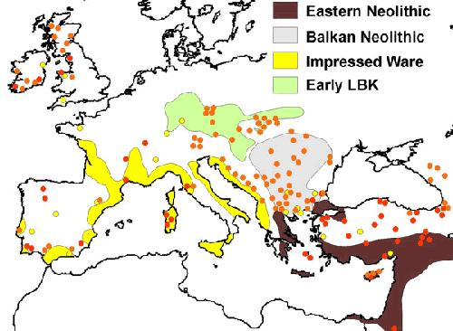 Európa bányászata a neolitikumban (~i.e. 5000) www.waa.ox.ac.uk (Sárga körök az arany, narancs és piros körök pedig a rézbányászat; színes hátterű területek pedig a farmgazdálkodás zónáját jelzik.