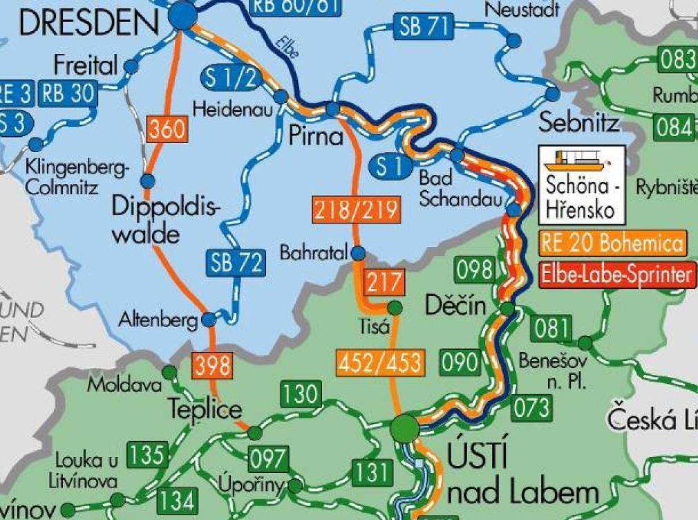 102 74. slika Javni saobraćaj u pograničnom regionu Češke i Nemačke (Izvor: Verkehrsverbund Oberelbe [VVO] http://www.vvo-online.de/en/tickets_und_netz/fahrpreise/grenzueberschreitend/index.