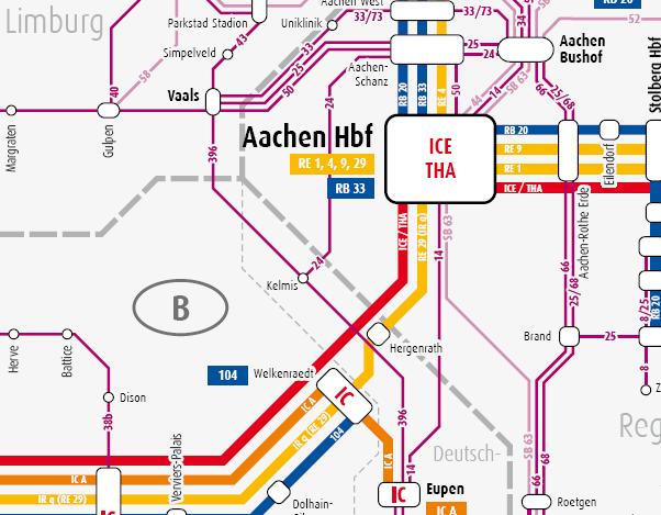103 75. slika Prekogranična železnička i autobuska mreža na belgijansko-nemačko-holandskoj trogranici (Izvor: Aachener Verkehrsverbund http://www.avv.