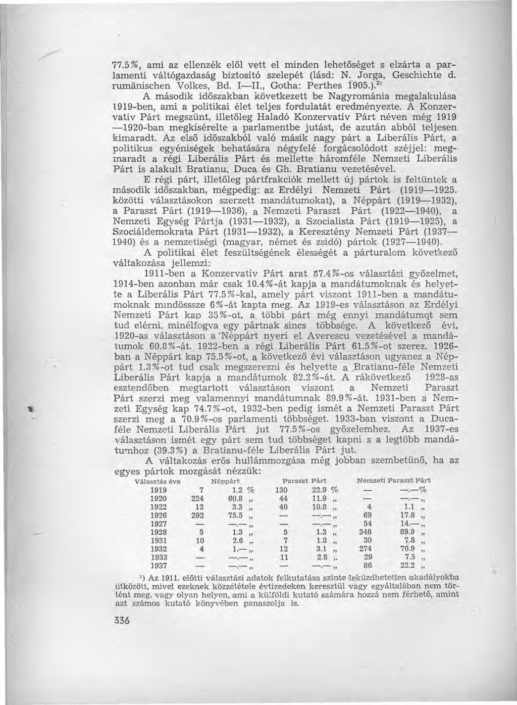 77.5%, ami az ellenzék elől vett el minden lehetőséget s elzárta a parlamenti váltógazdaság biztosító szelepét (lásd: N. Jorga, Geschichte d. rurnánischen Volkes, Bd. 1-11., Gotha: Perthes f905.).