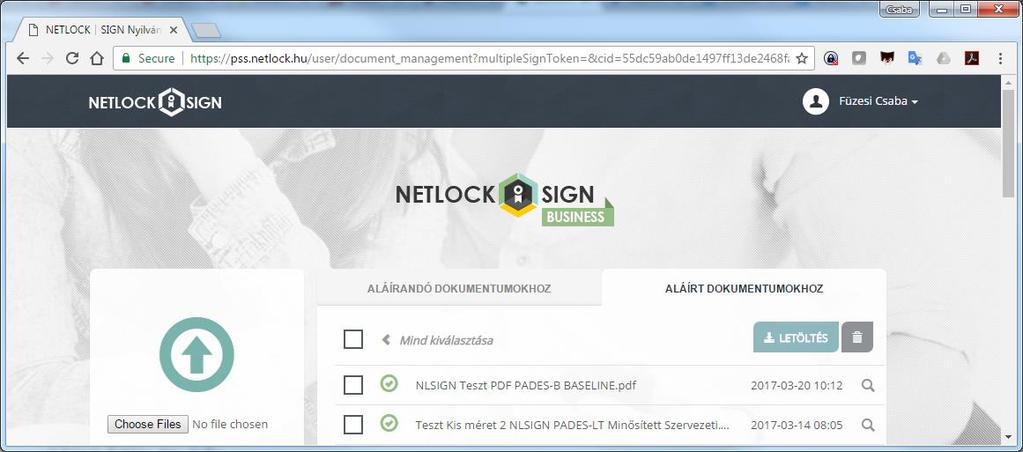 A sikeres aláírást követően a NETLOCK SIGN Business aláíró portál automatikusan átvált az Aláírt dokumentumok fülre, ahol legfelül látható az utoljára aláírt dokumentum a feltöltésének időpontjával